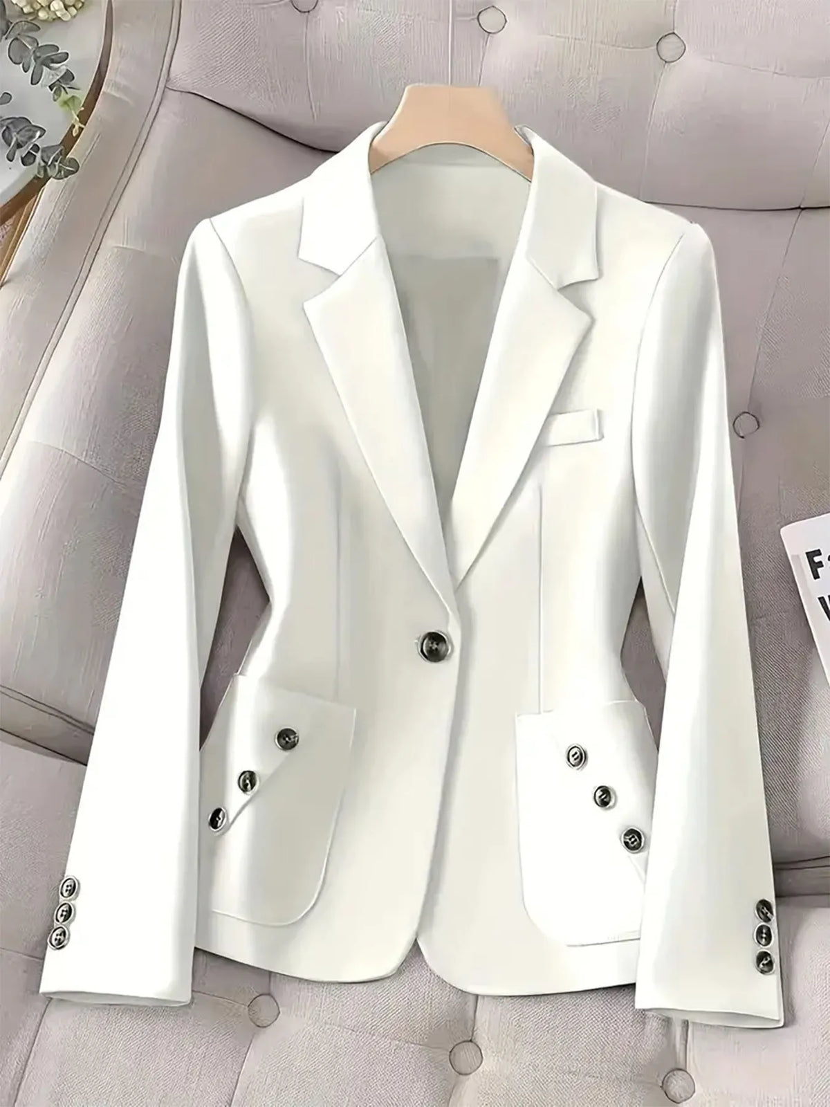 One-Button Blazer with Pockets - White - View 8