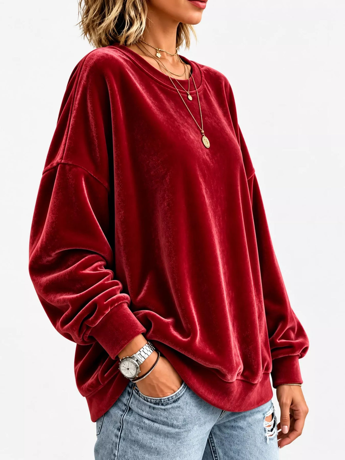 Full Size Crew Neck Drop Shoulder Sweatshirt Plus Size - Red - View 13