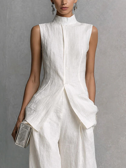 Solid color sleeveless pants set