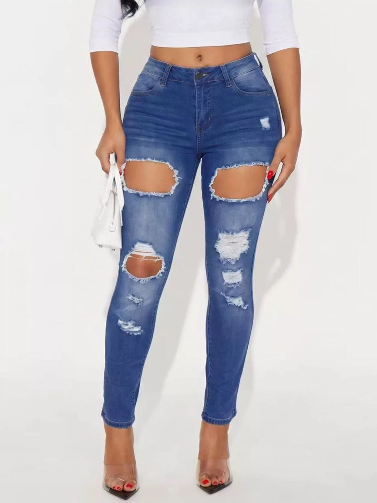 High-Waisted Distressed Skinny Jeans - Peacock  Blue - View 1