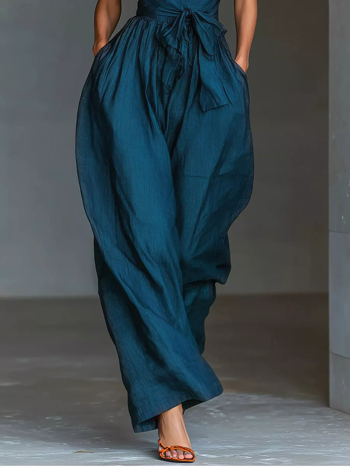 Halter Neck Wide-Leg Jumpsuit with Waist-Tie Detail - Blue - View 3