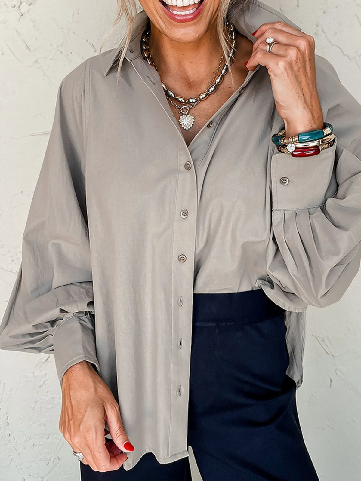 Button Up Lantern Sleeve Shirt - Gray - View 1
