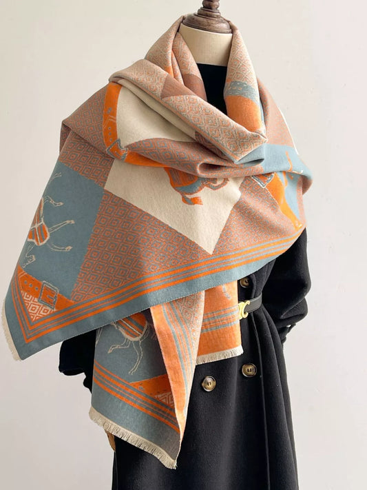 Equestrian Print Reversible Scarf - Orange - View 1