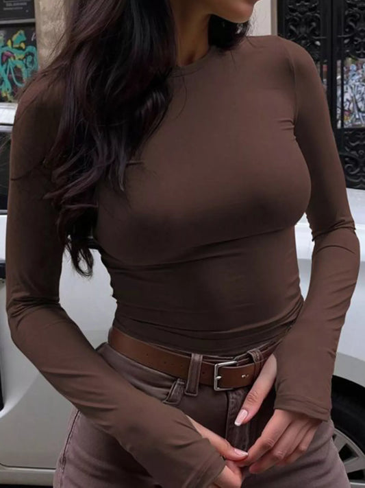 Slim Fit Long Sleeve Crew Neck Basic T-Shirt - Brown - View 2