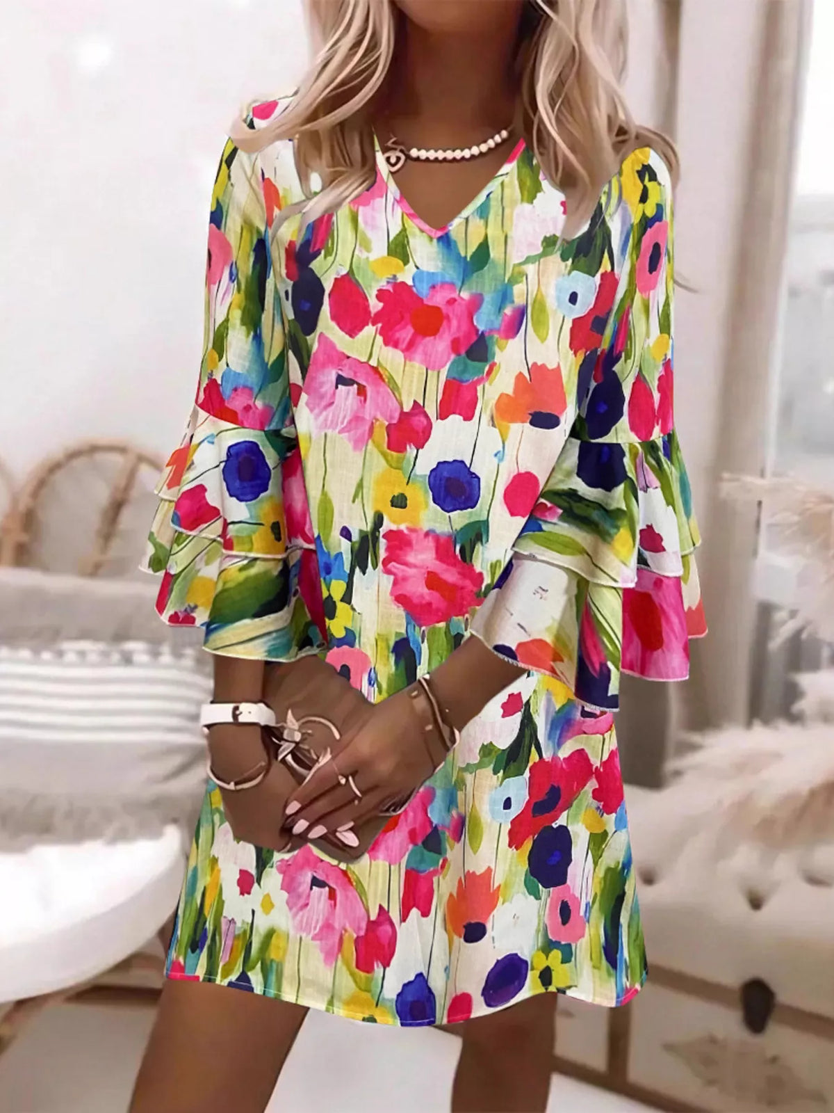 Floral Print Tiered Ruffle Sleeve Casual Mini Dress - Multicolor - View 1