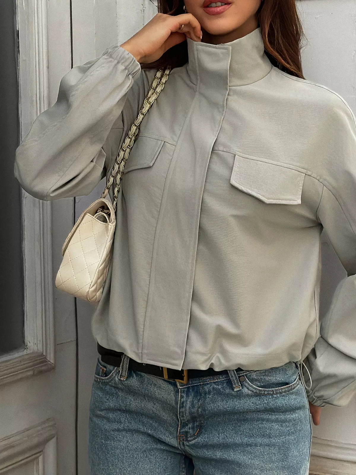 Stand Collar Zip Up Jacket - Gray - View 3