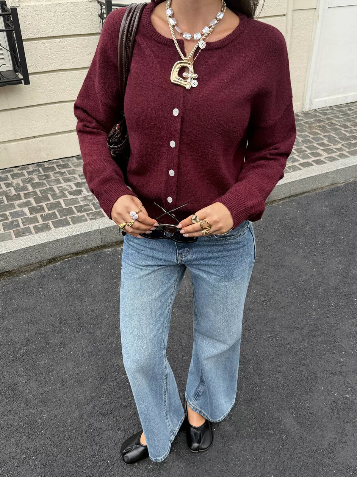 Button-Down Dropped Shoulder Cardigan - Wine Red - View 4