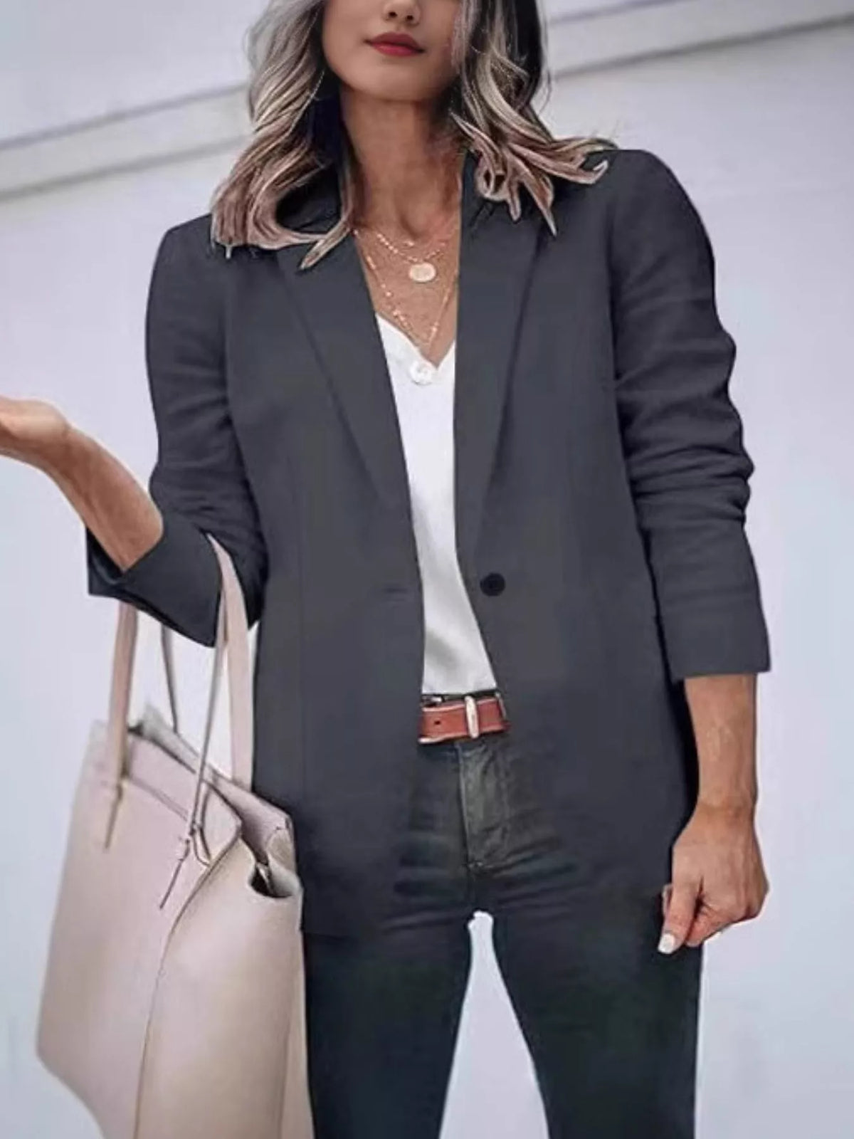 Slim-Fit Single-Button Casual Blazer - Dark Gray - View 1