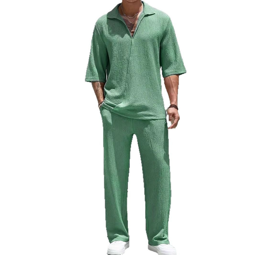 Men's casual shirt solid color half sleeved pants two-piece set