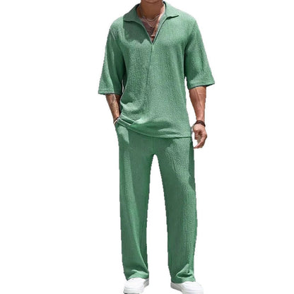 Men's casual shirt solid color half sleeved pants two-piece set