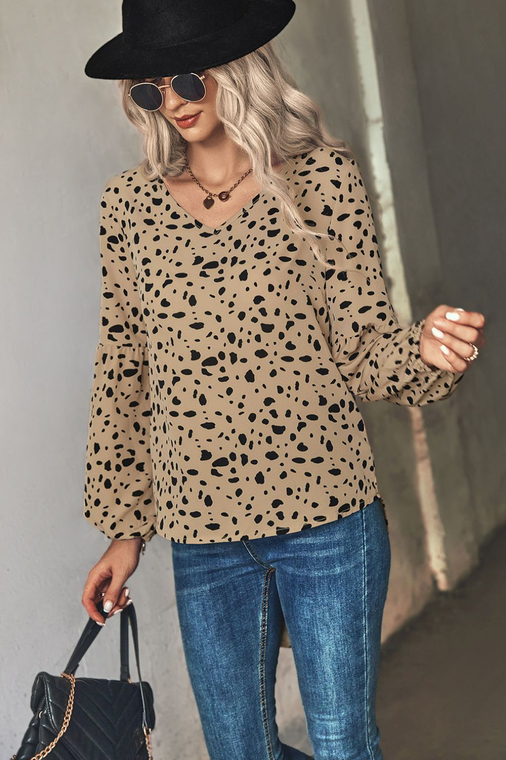 Animal Print V-Neck High-Low Blouse - Khaki - View 3