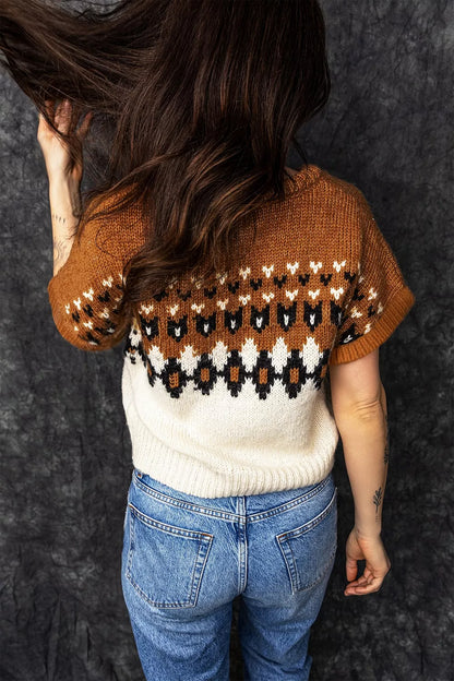 V Neck Short Sleeve Geometric Sweater - Brown - View 2
