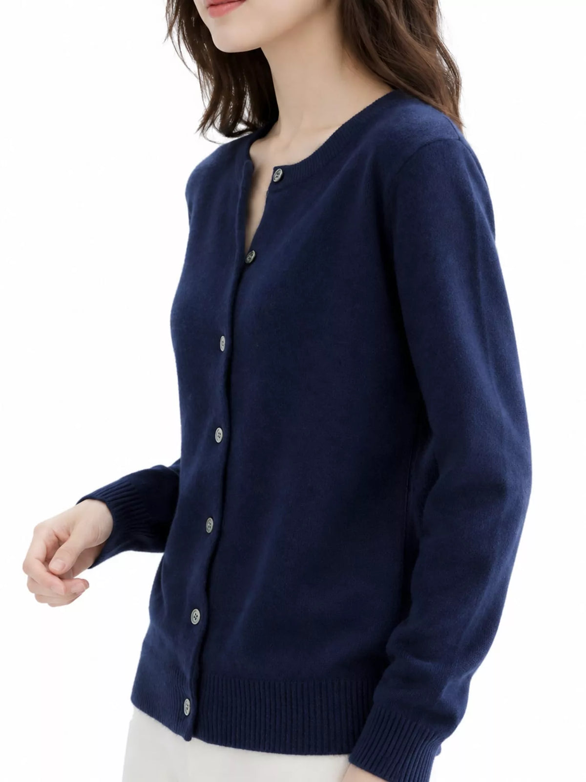 Crew-Neck Button-Down Cardigan - Navy - View 5