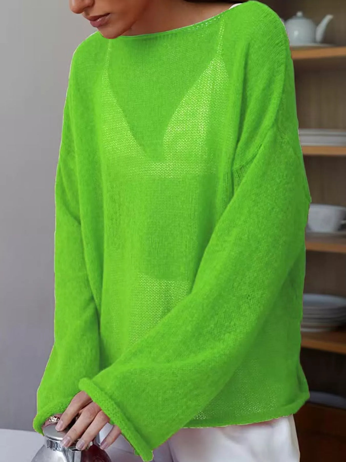 Full Size Sheer Lightweight Knit Top Plus Size - Grass Green - View 86