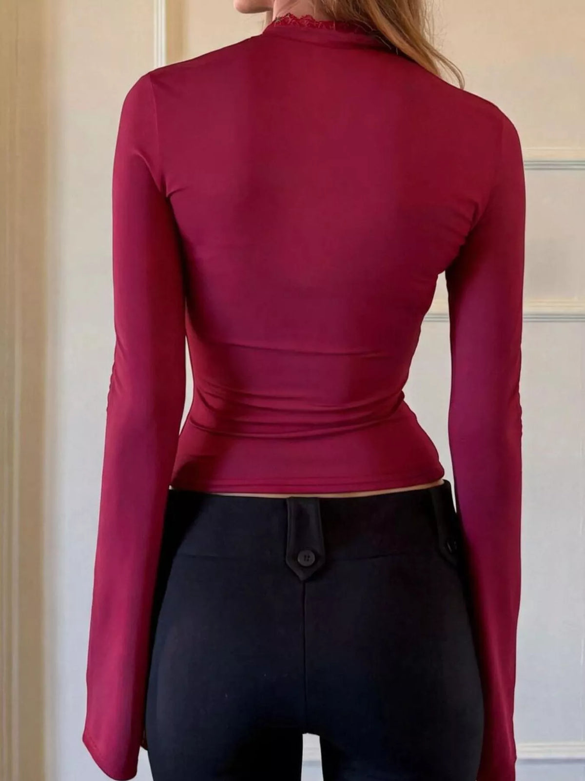 Lace-Trimmed Keyhole Long Sleeve T-Shirt - Red - View 3