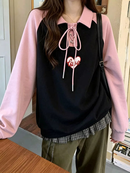 Heart Embroidery Lace-Up Detail Polo Collar Sweatshirt - Black - View 1