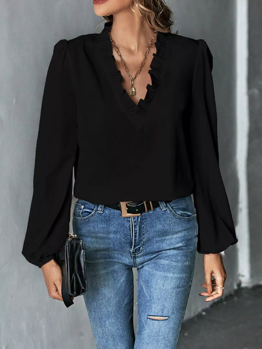 Ruffled Trim V-Neck Blouse - All Colors - View 2