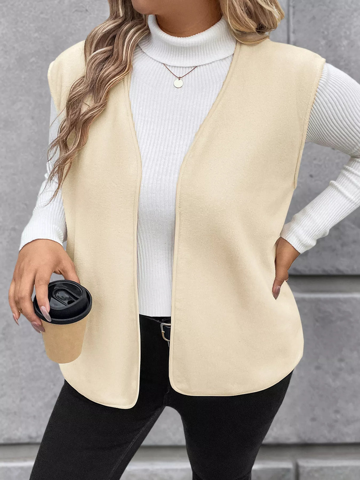 Full Size Open Front Vest Coat Plus Size - Apricot - View 11