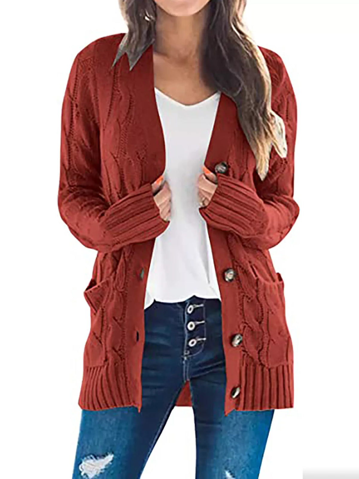 Full Size Chunky Cable Knit Button-Down Cardigan Plus Size - Rust - View 1