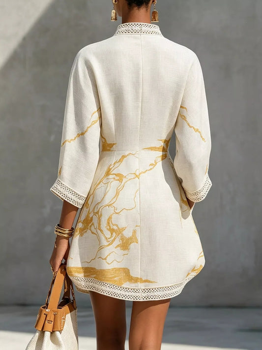Notched 3/4 Sleeve Mini Dress - White - View 2