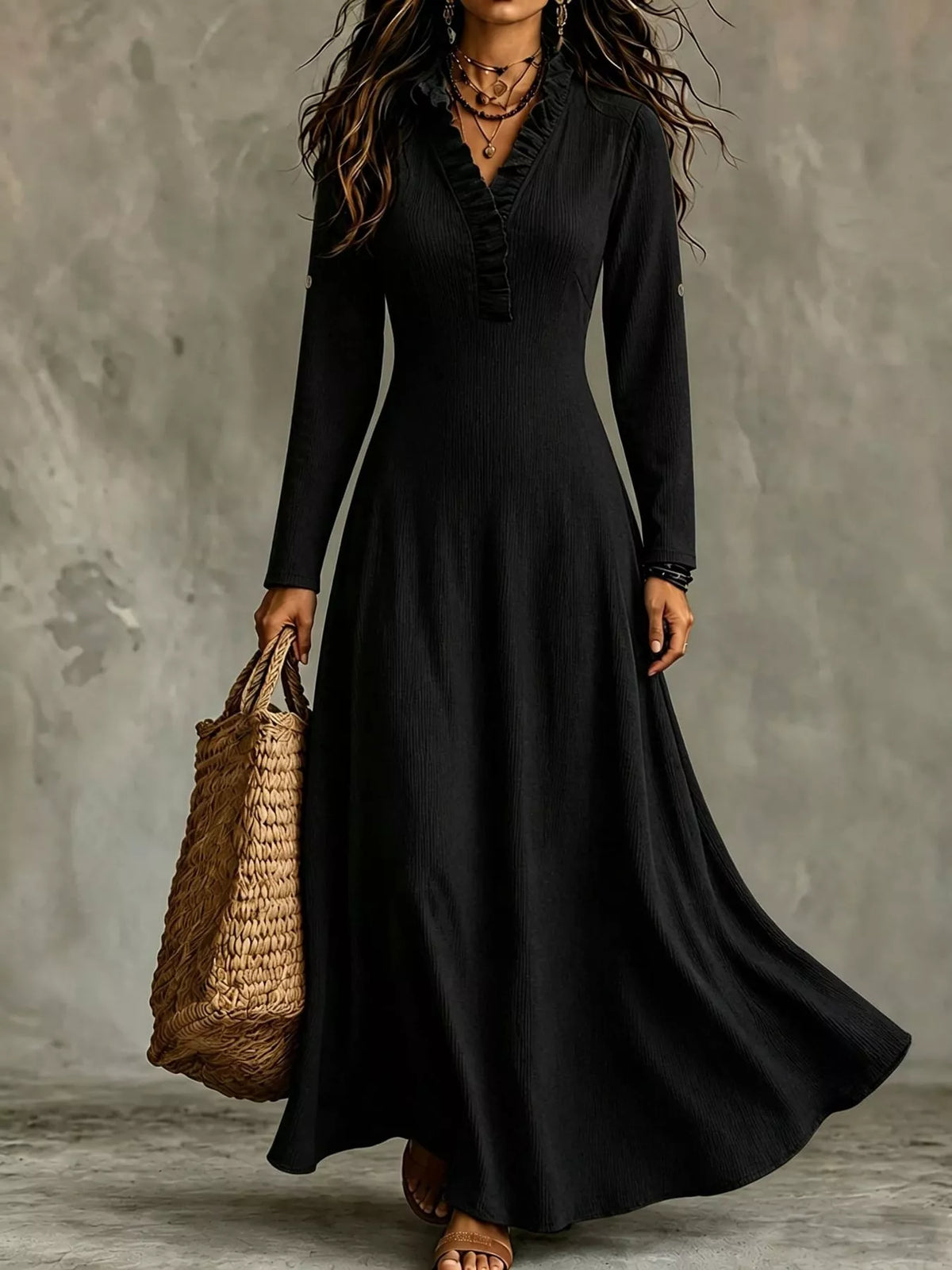Full Size Frill Roll-Up Sleeve Maxi Dress Plus Size - Black - View 7