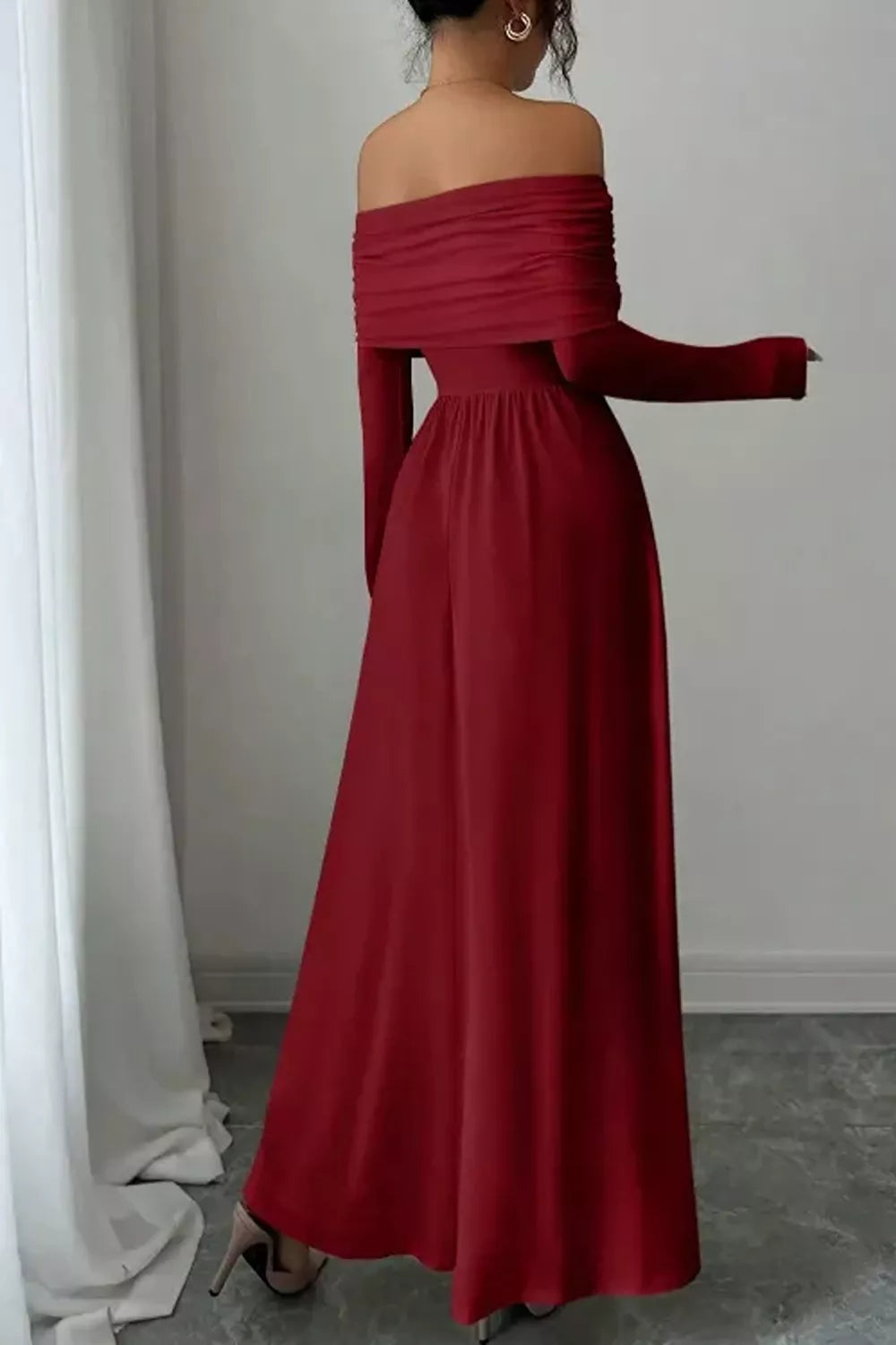 Off-Shoulder Ruched Maxi Dress - Deep Red - View 6