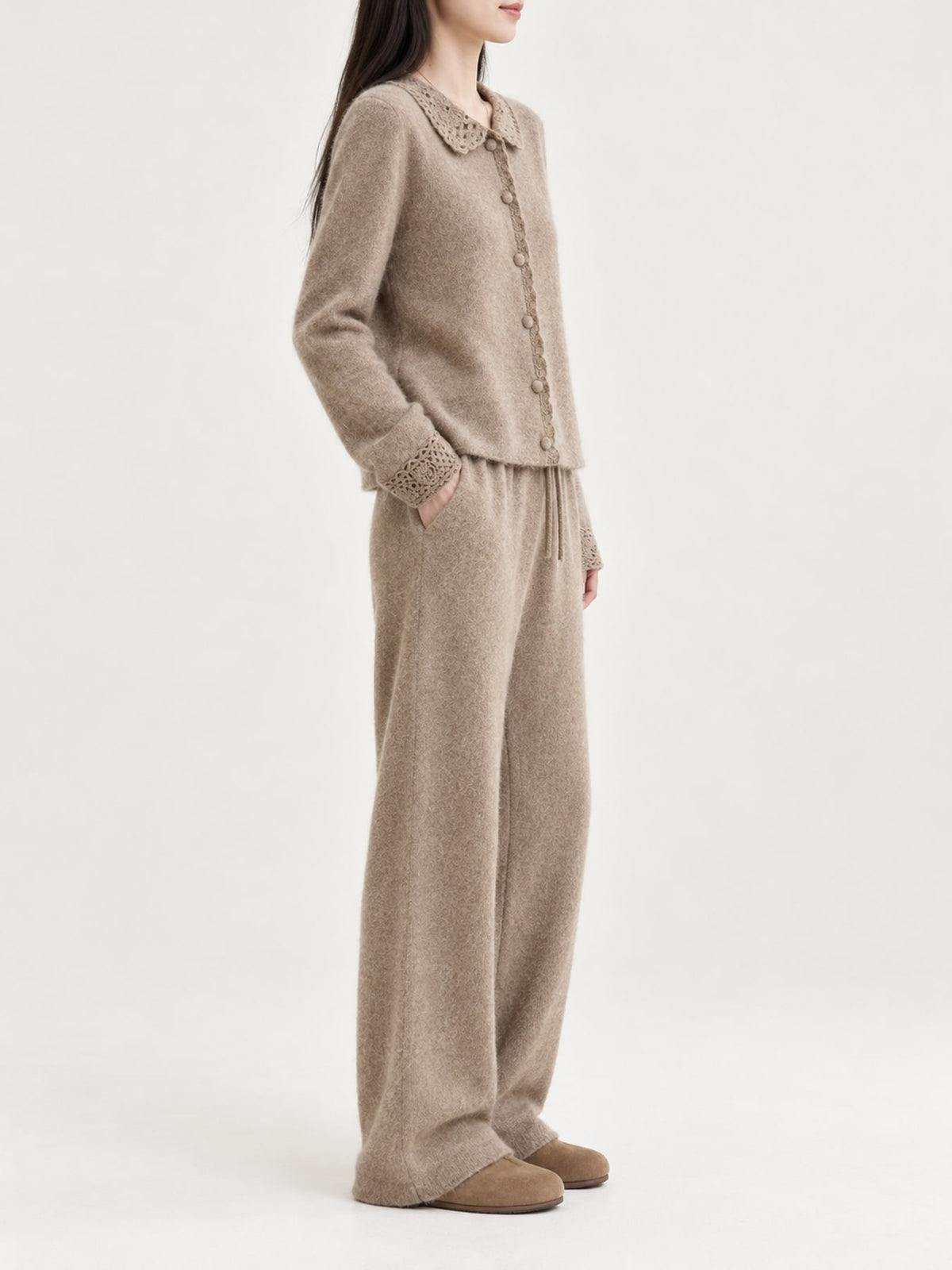 Lace-Collar Button Down Knit Cardigan - Camel - View 11