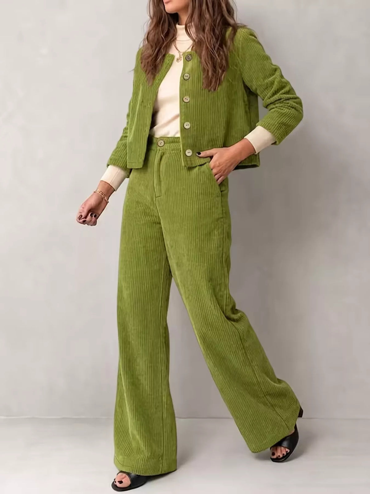 Full Size Corduroy Button-Down Jacket and Wide-Leg Pants Two-Piece Set Plus Size - Matcha Green - View 3