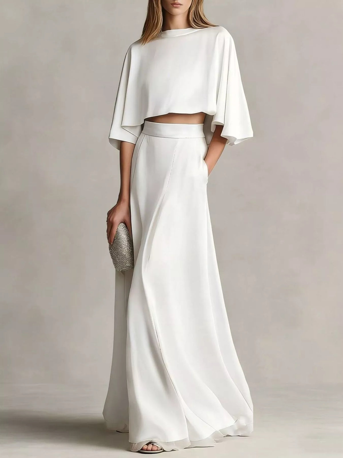 Full Size Satin Crop Top and Maxi Skirt Two-Piece Set Plus Size - White - View 1