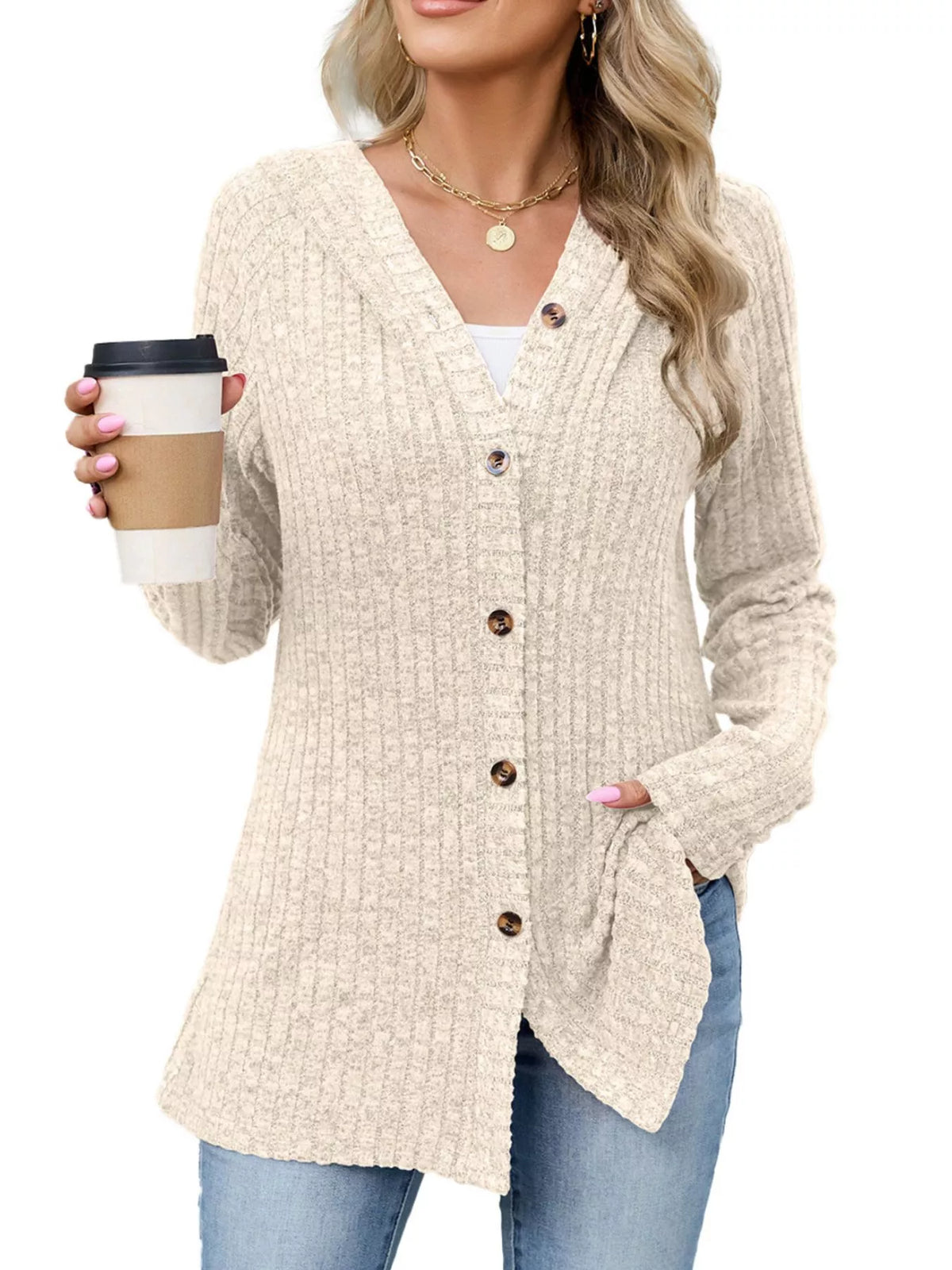 Ribbed Knit Hooded Button-Down Cardigan - Apricot Color - View 1