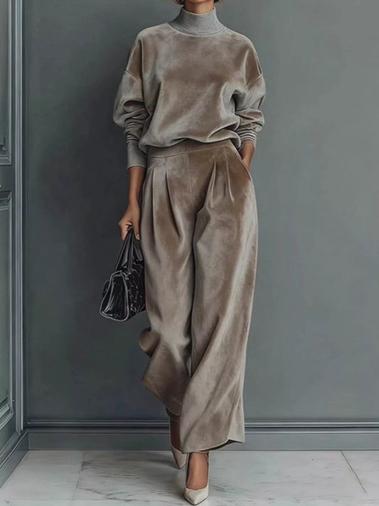 Velvet Mock Neck Long Sleeve Top and Wide-Leg Pants Set - Light Brown - View 1