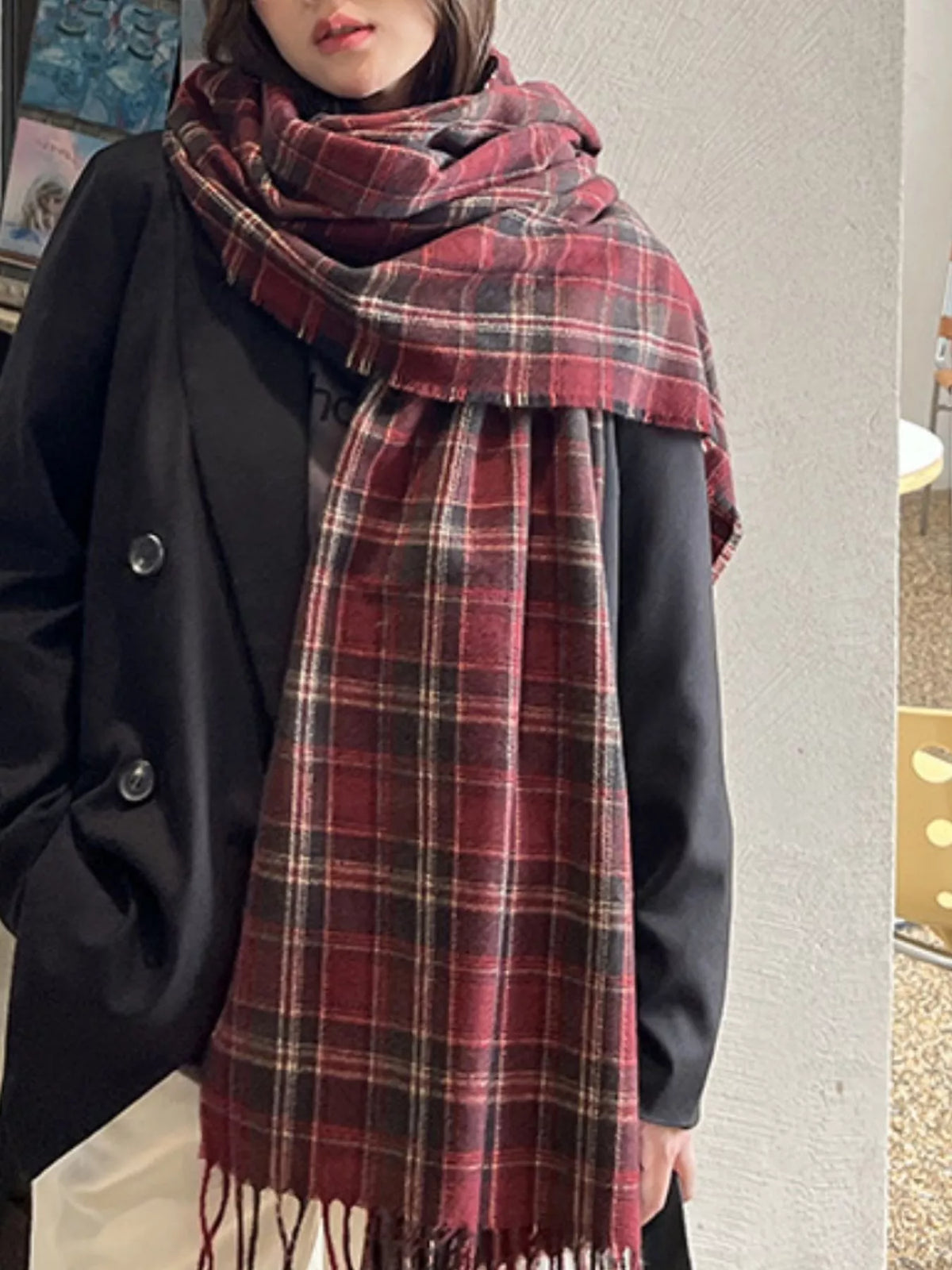 Classic Plaid Fringe Scarf - Burgundy - View 1
