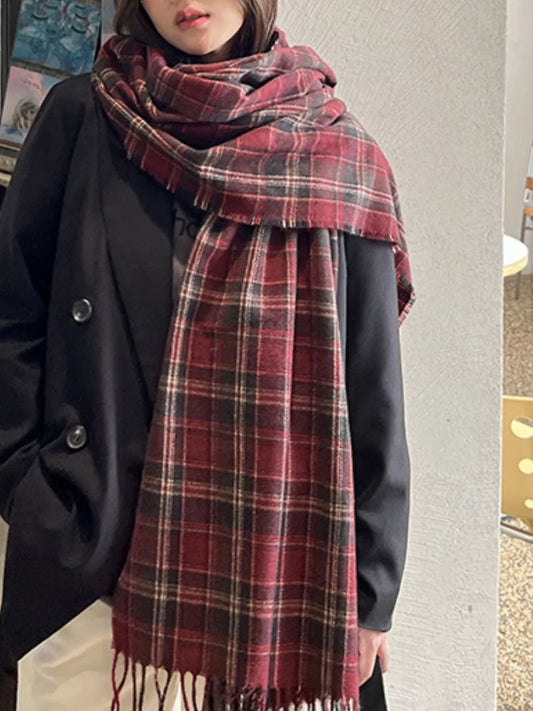 Classic Plaid Fringe Scarf - Burgundy - View 1