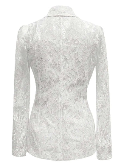 Floral Pattern Lace Single-Breasted Blazer - White - View 4