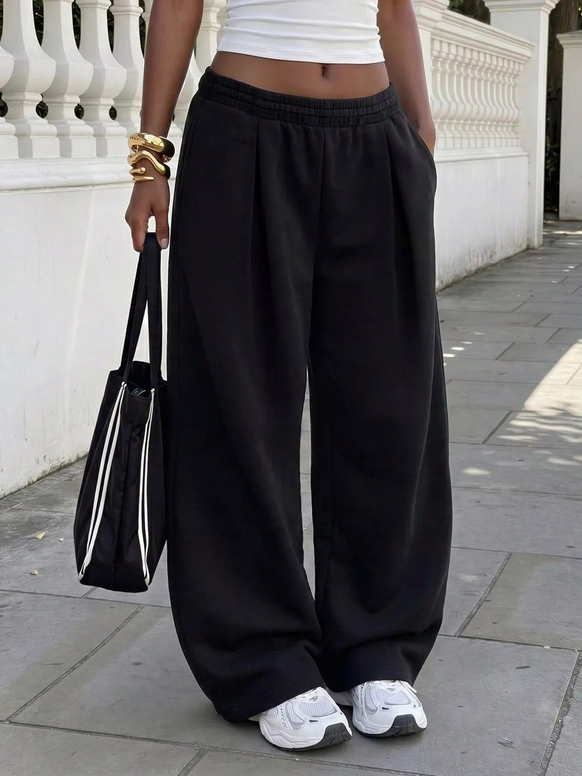 Elastic Waist Wide-Leg Sweatpants - Black - View 1