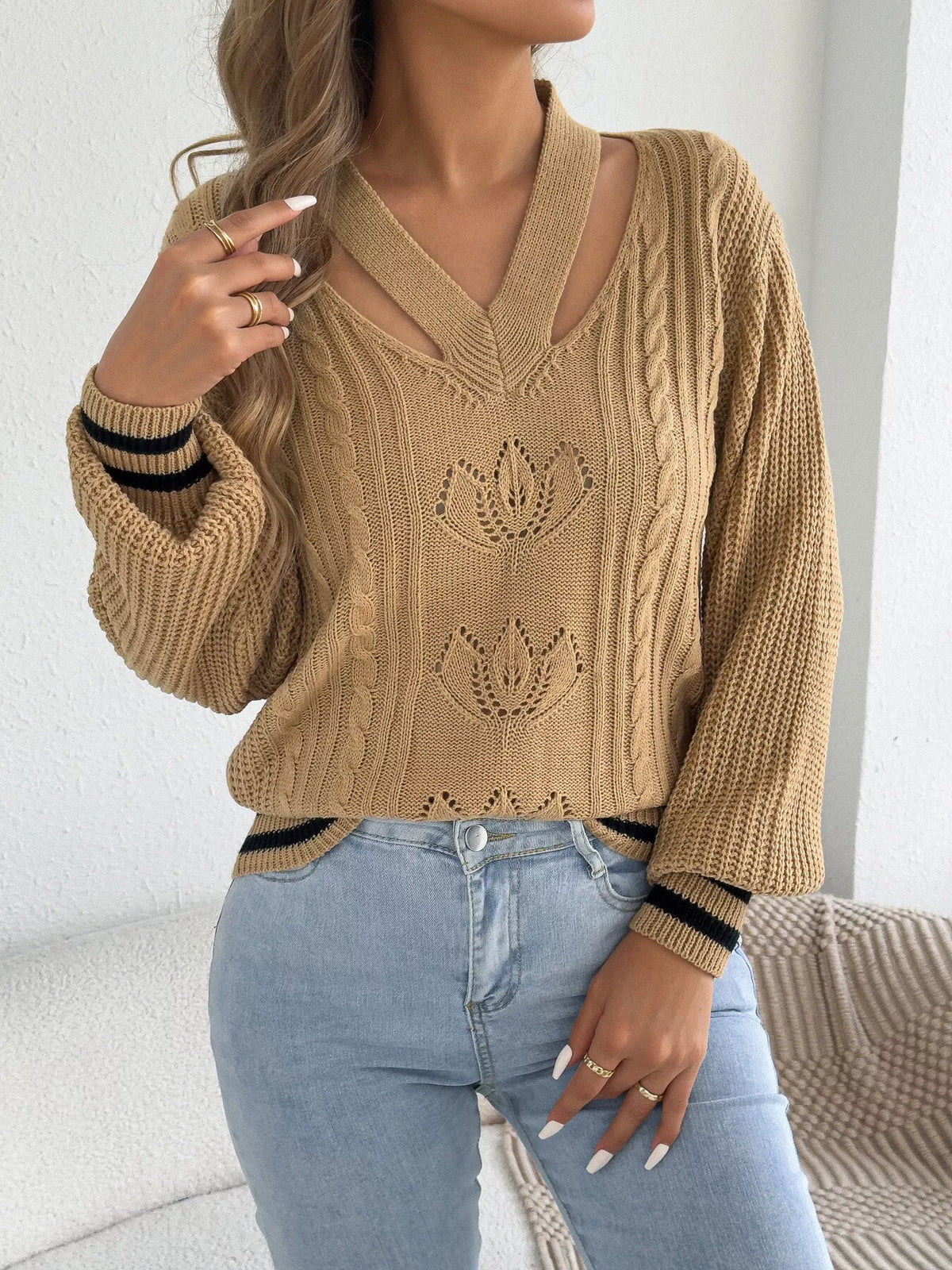 Cutout Cable Knit Sweater - Camel - View 3