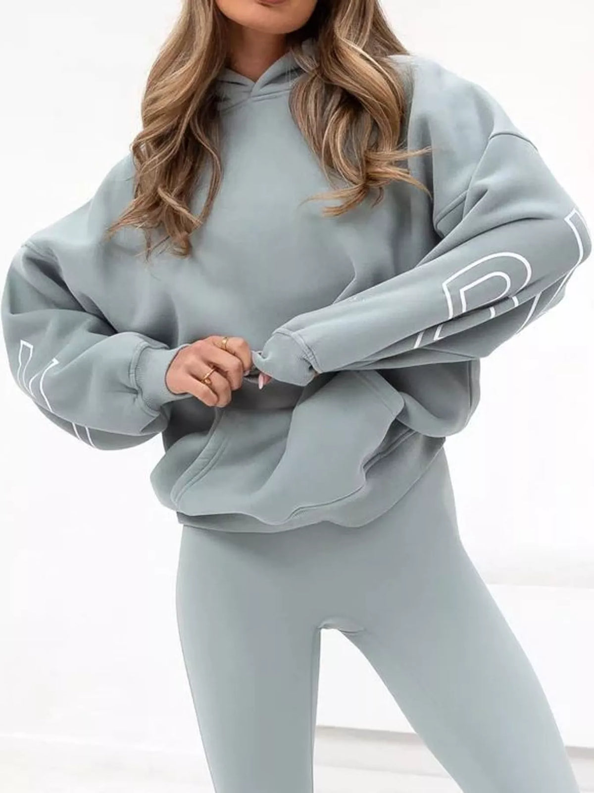 Letter Back Hoodie with Kangaroo Pocket - Light Blue - View 5
