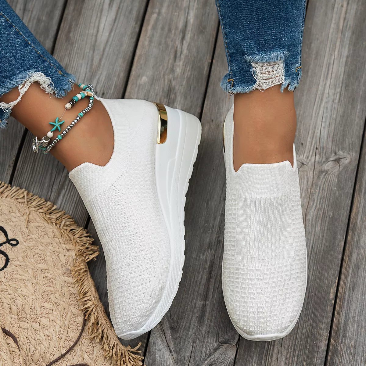 Mesh Round Toe Wedge Athletic Sneakers - White - View 14