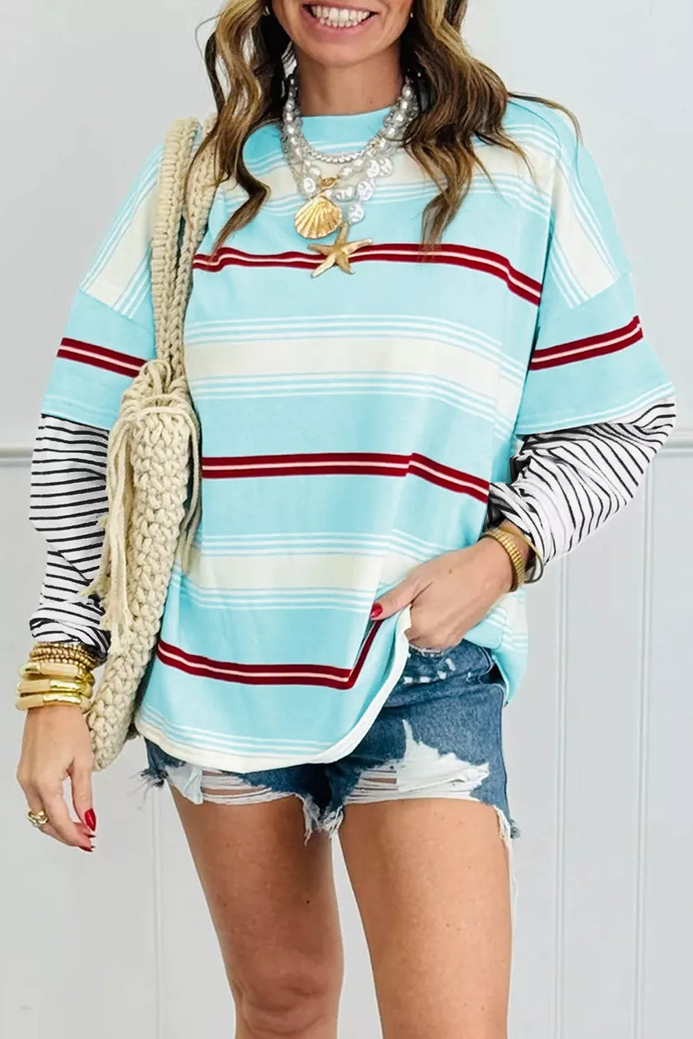 Stripe Casual Striped Patchwork Long Sleeve Loose Pullover Top - Pastel  Blue - View 1