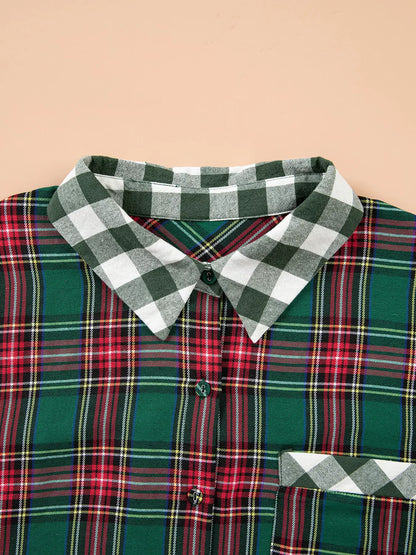 Plus Size Plaid Long Sleeve Shift Shirt - Dark Green - View 5