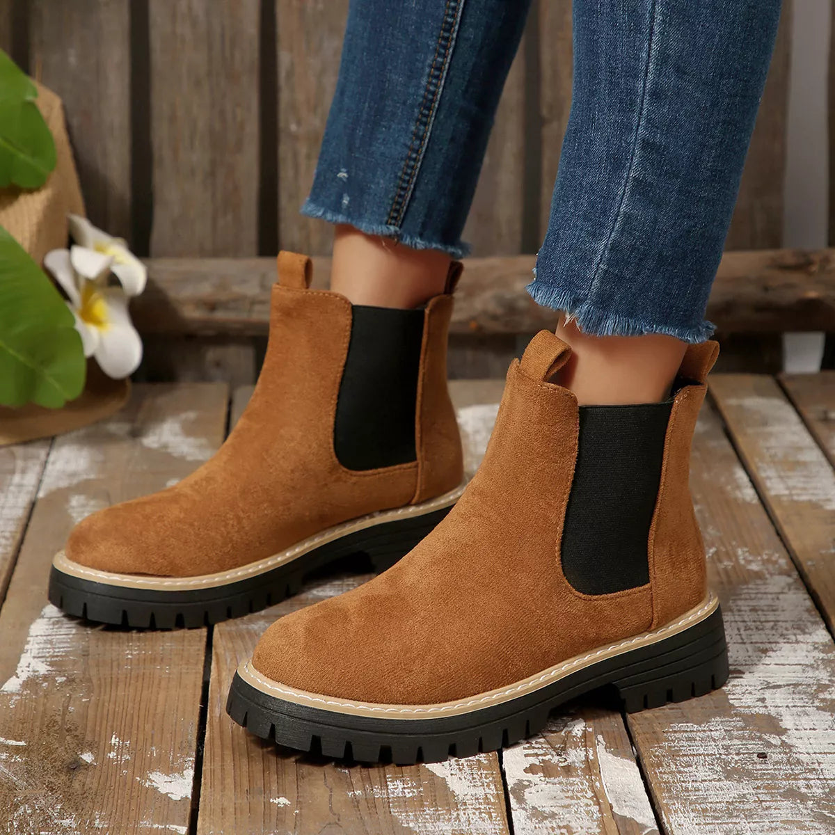 Round Toe Block Heels Boots - Brown - View 2