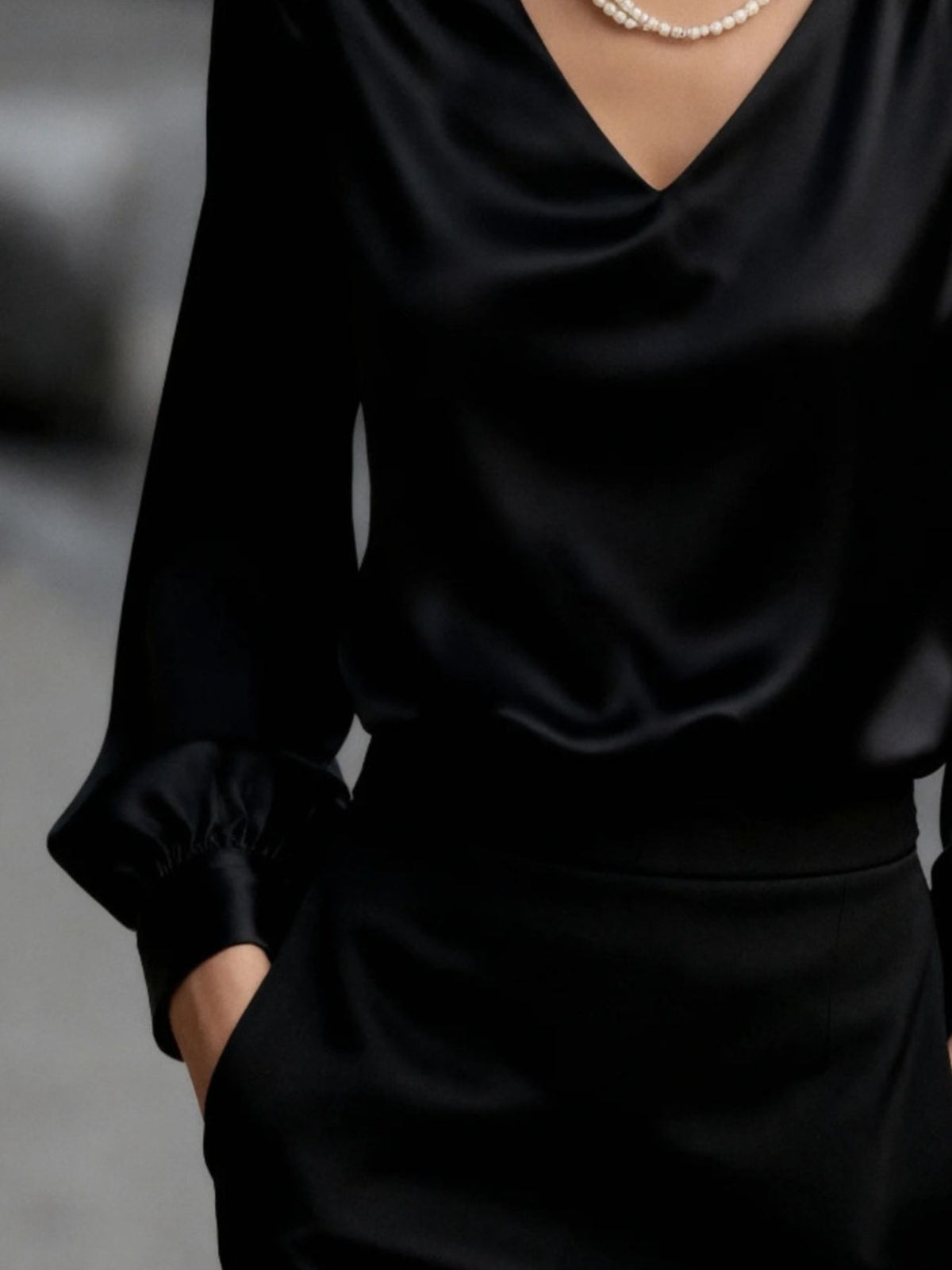 Satin V-Neck Long Sleeve Blouse - Black - View 4