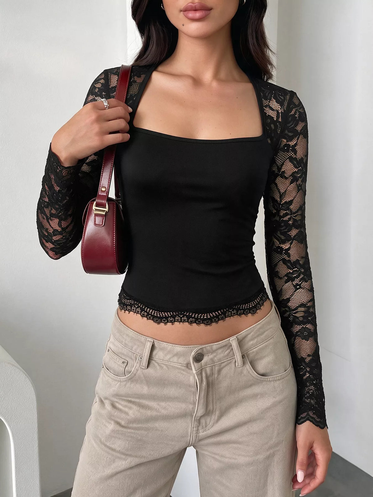 Lace Sleeve Square Neck Top - Black - View 2