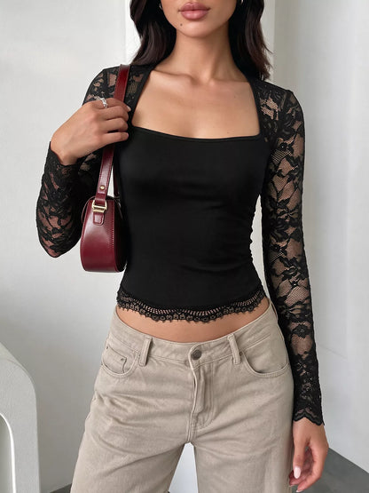 Lace Sleeve Square Neck Top - Black - View 2