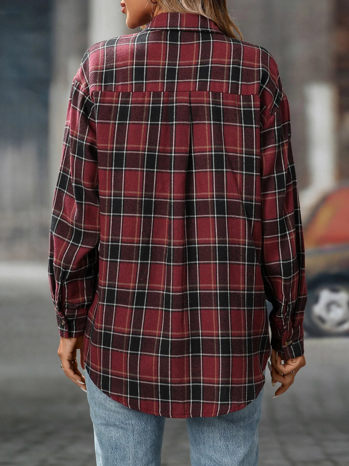 Plaid Button-Down Oversized Shirt - Deep Wine Red - View 25