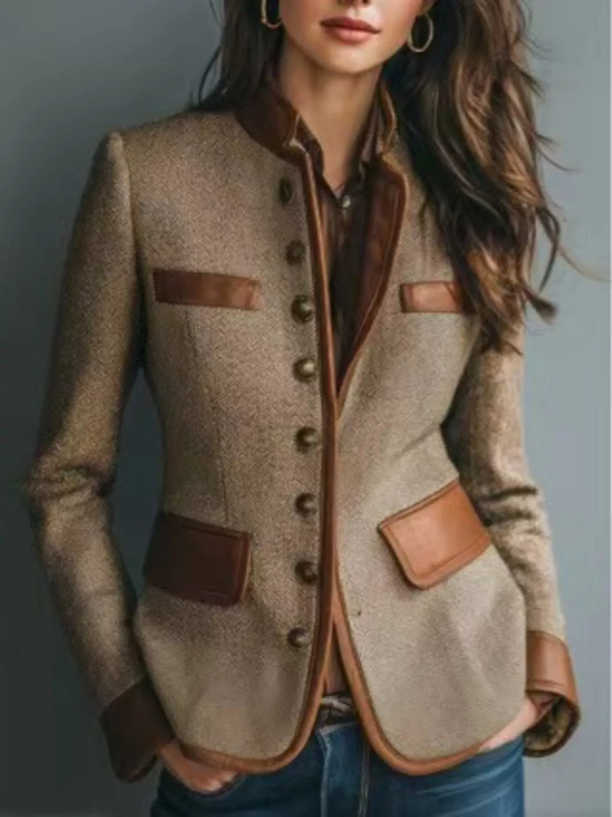 Full Size Contrast Trim Tweed Outerwear Plus Size - Camel - View 1