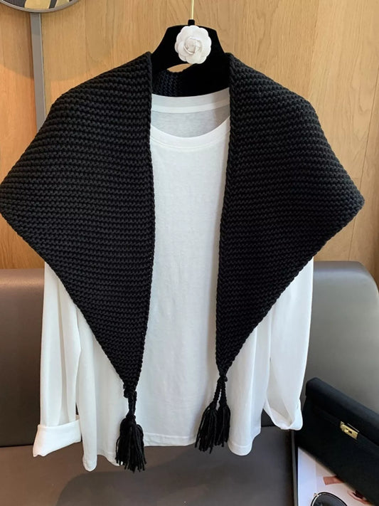 Chunky Knit Tassel Scarf - Black - View 1