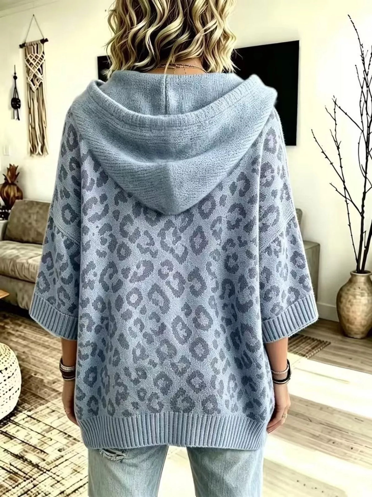 Drawstring Leopard Hooded Sweater - Dusty Blue - View 10