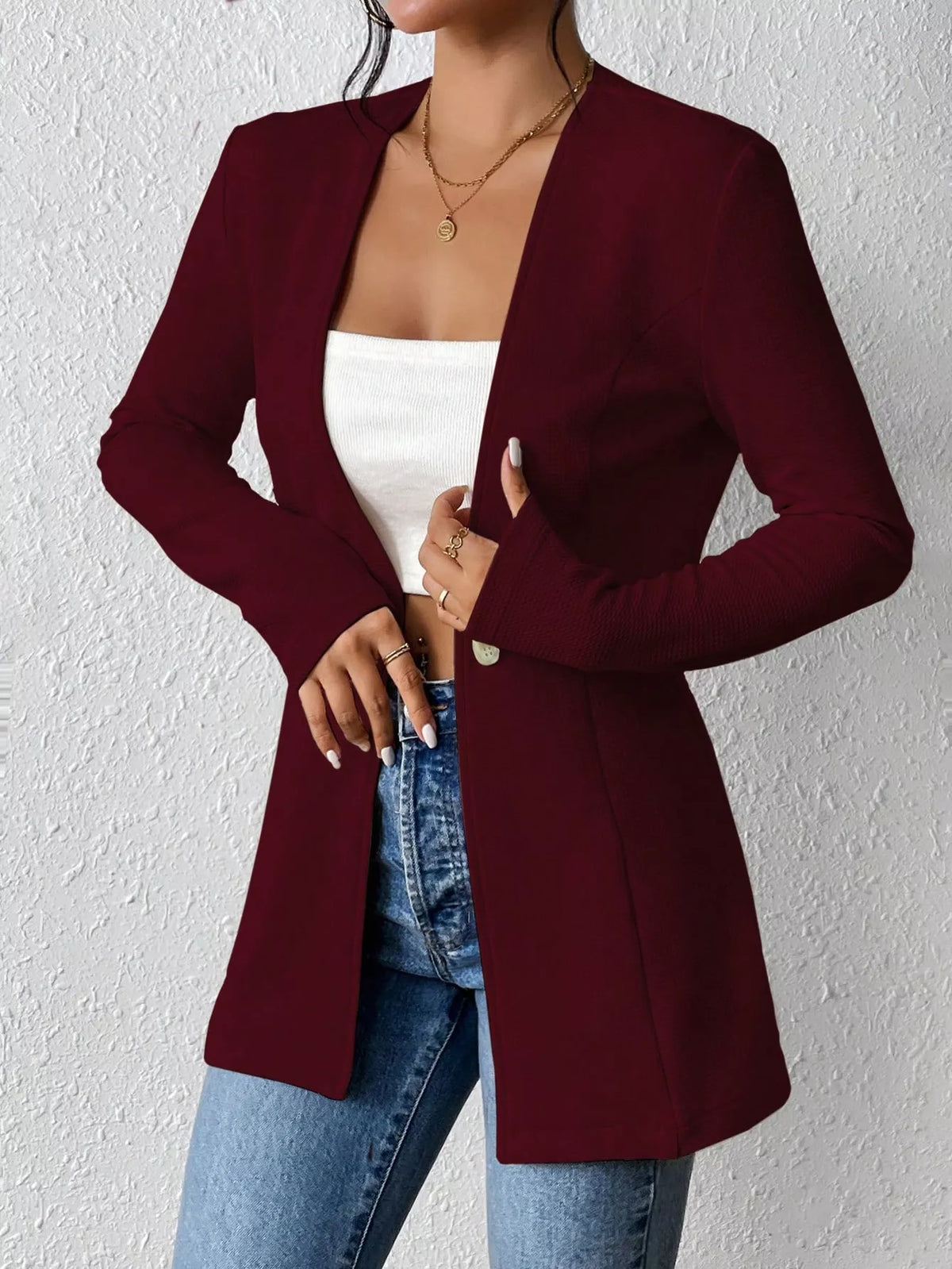 One Button Long Sleeve Blazer - Burgundy - View 22