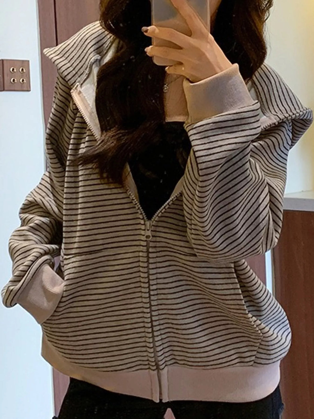 Striped Zip-Up Hoodie - Apricot - View 6